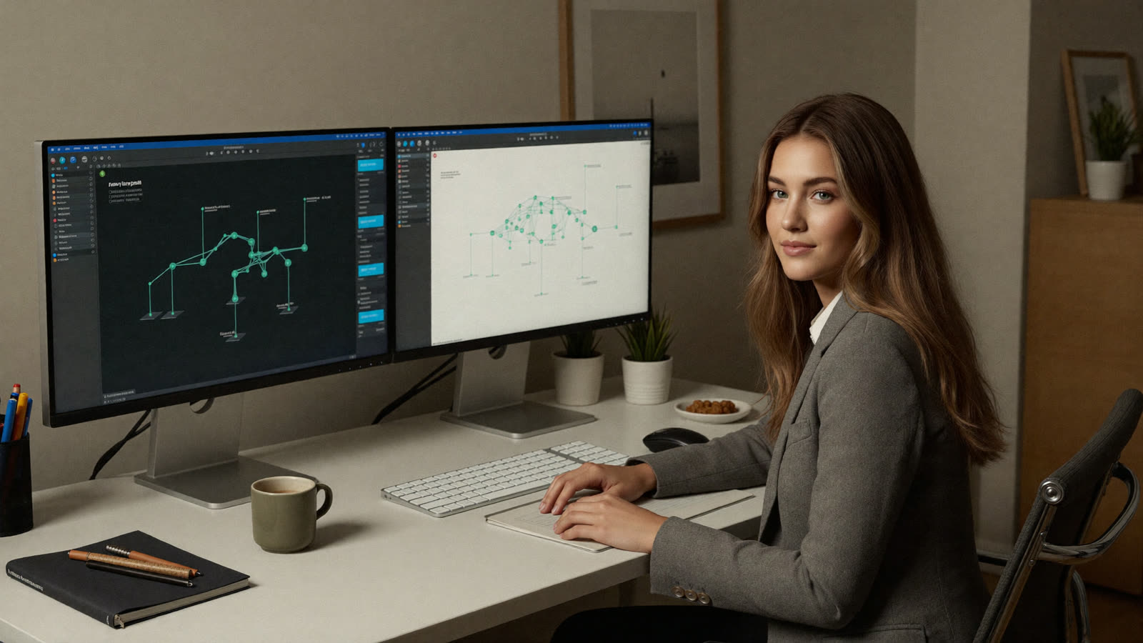 Automatisierungs-Diagramme auf zwei Monitoren im Büro (KI-generiert)