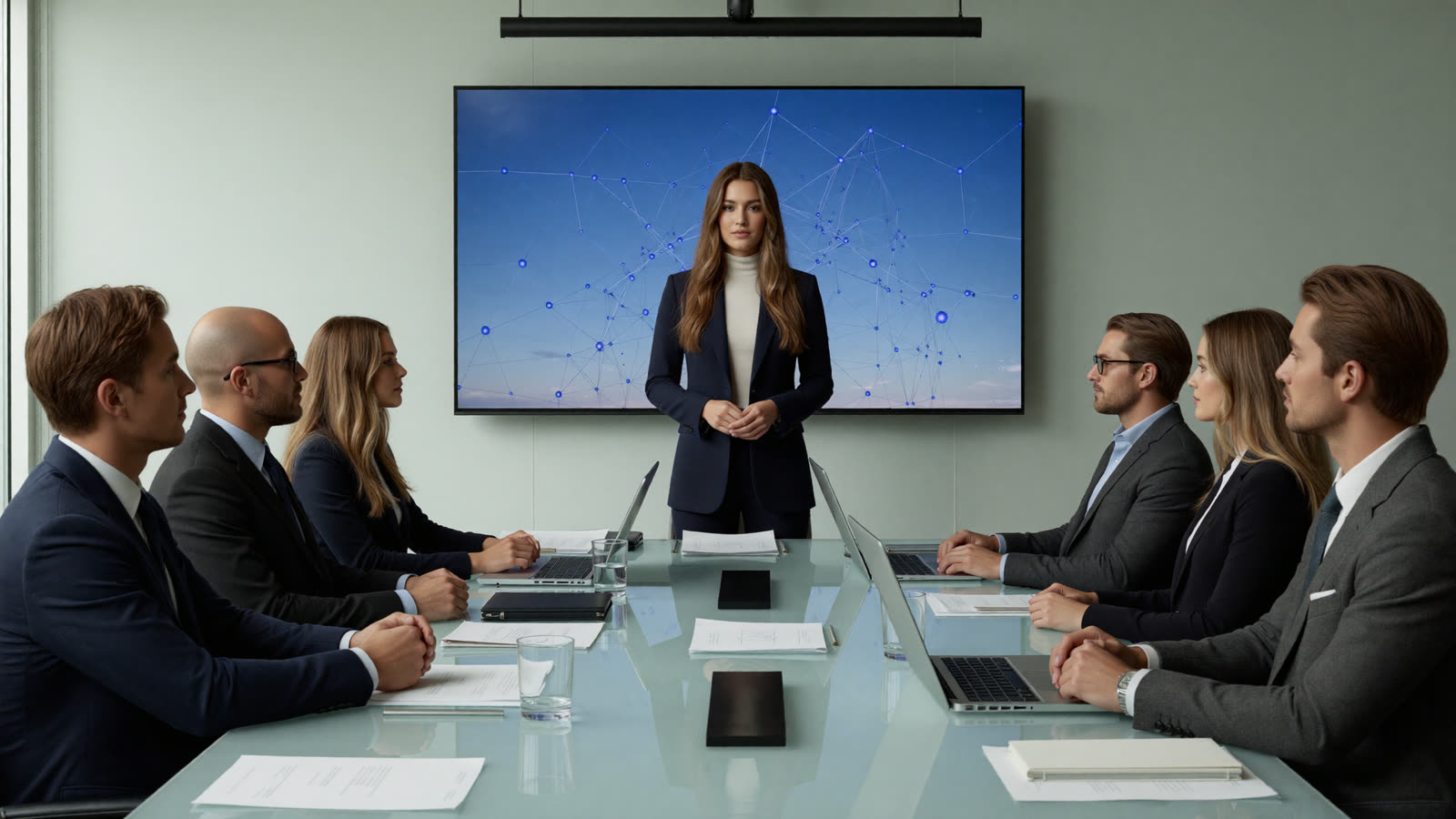 KI-Assistentin Lara präsentiert eine KI-Strategie vor Führungskräften im Besprechungsraum (KI-generiert)
